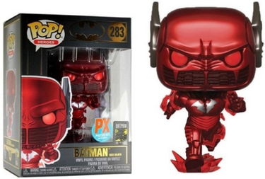 A Funko Pop vinyl figure of Batman in a red death suit, packaged in a window display box indicating it is exclusive to PX Previews.