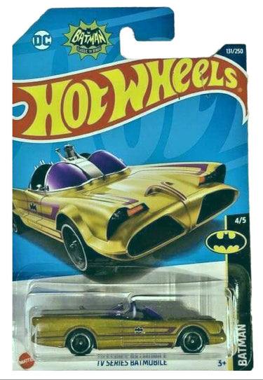 Batman TV Series Batmobile Gold and Purple Hot Wheels diecast car in original packaging.