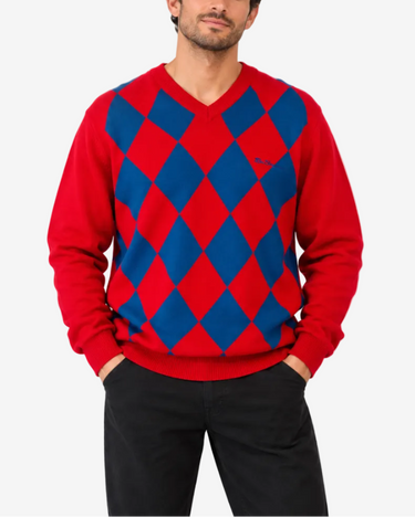 Ben Sherman red and blue argyle cotton V-neck men's knit size Large front view on model
