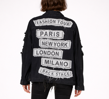 Black distressed denim jacket with Fashion Tour city print Paris New York London Milano on back