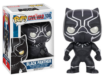 A Funko Pop vinyl figure of Black Panther from the movie Civil War, number 130 in the collection. The figure is black with silver accents, wearing the Black Panther costume.