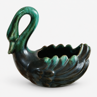 Vintage Blue Mountain Pottery swan planter in green and black reflow glaze.