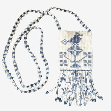 Blue and white seed bead amulet pouch necklace with tassel fringe