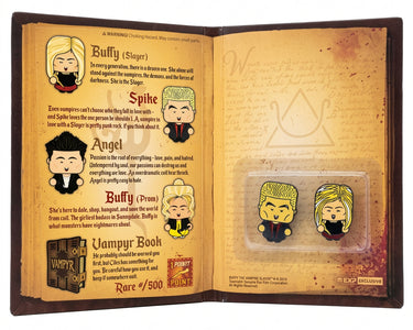 Two Buffy the Vampire Slayer enamel pins displayed in open Vampyr book pack