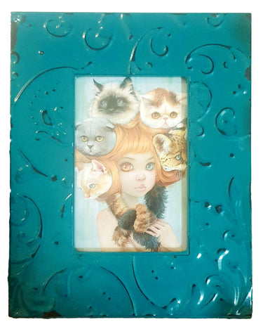 Framed Camilla d’Errico Pop Surreal girl with cats postcard artwork in recycled glass frame