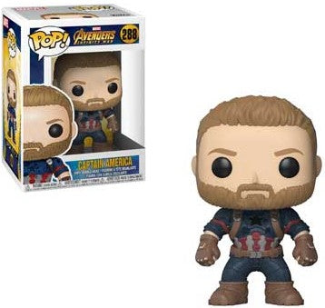 A Funko Pop Vinyl figure of Captain America from Avengers Infinity War, number 288 in a blue and white box.