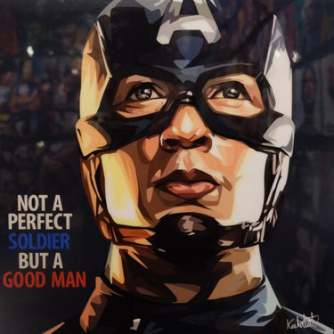 Captain America inspired Steve Rogers wall art print in a black box-style frame, shown front-on with dramatic comic-style portrait artwork.