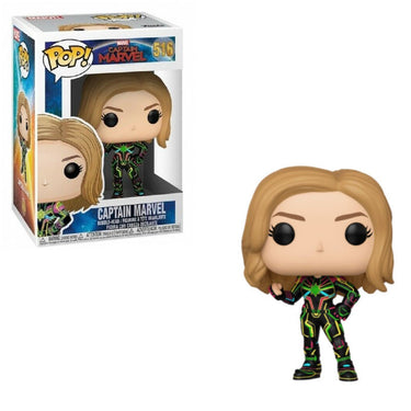 Funko Pop! vinyl figure of Captain Marvel next to its packaging on a white background