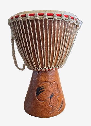 Carved wooden djembe drum with rope tuning and natural skin head