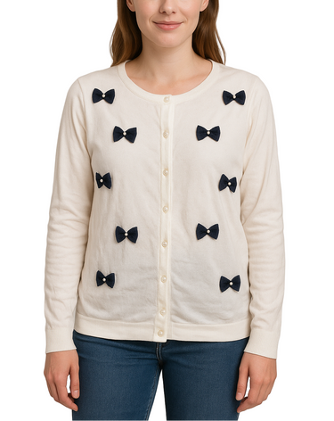 Woman wearing a cream cardigan with black bow details on a plain background