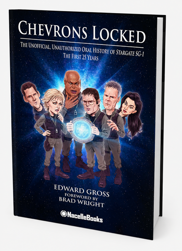 Book cover for 'Chevrons Locked' by Edward Gross, featuring illustrated characters from Stargate SG-1 on a dark blue space background, with the MacelleBooks logo at the bottom.