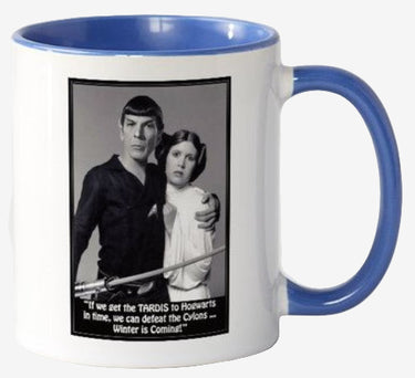 Mug with a Star Trek and Harry Potter themed design featuring Spock and a girl, with a blue interior and handle.