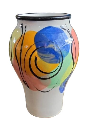 Cooks Pottery Nelson NZ abstract ceramic vase with cobalt blue, orange, pink and green hand-painted design, front view