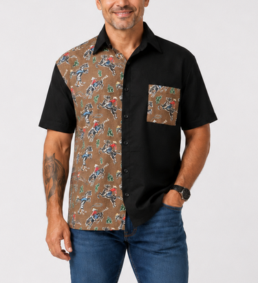 Cowboys Rodeo men’s short sleeve button-up shirt with black panels and western horse print fabric