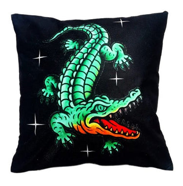 Lu Lu Deluxe Crocodile Tattoo cushion cover with green crocodile artwork on black fabric