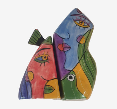 Cubist-style ceramic salt and pepper set featuring colourful abstract faces, late 20th century design.