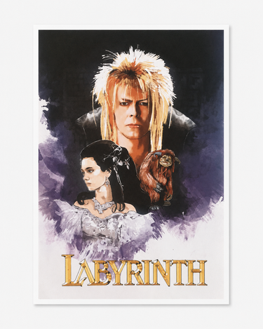 David Bowie Labyrinth A3 art print featuring Jareth, Sarah and Ludo in a fantasy movie poster style design.