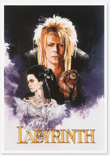 David Bowie Labyrinth A3 art print featuring Jareth, Sarah and Ludo in a fantasy movie poster style design.
