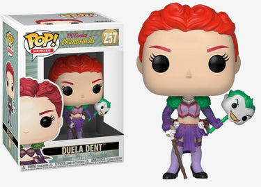 Funko Pop Vinyl figure DC Comics Bombshells - Duela Dent #257, depicting a female character with red hair and a purple outfit holding a small figure.