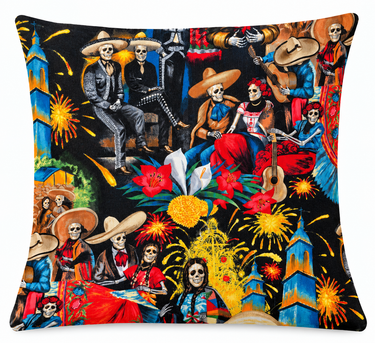 Día de los Muertos Village Black handmade cushion cover front studio view