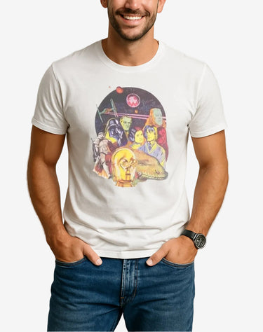 Man wearing a white t-shirt with a colorful graphic design on a plain background