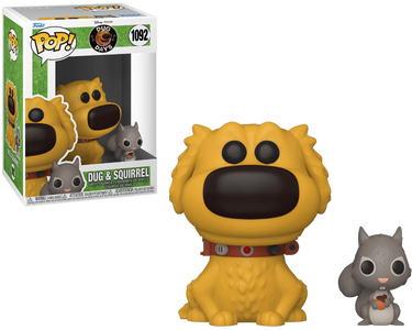 Funko Pop! 1092 packaging featuring Dug and Squirrel from Disney Pixar's Up vinyl figure of a yellow dog and gray squirrel with packaging in the background.