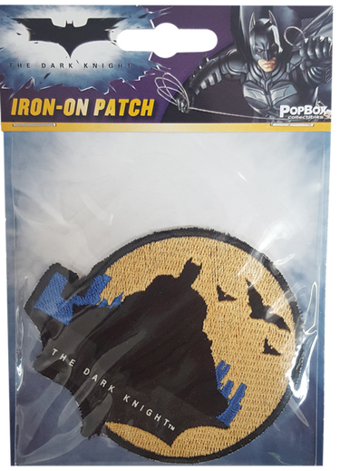 Iron-on embroidered patch depicting a stylized batman logo with a dark knight theme, packaged in a clear plastic cover with a display window.