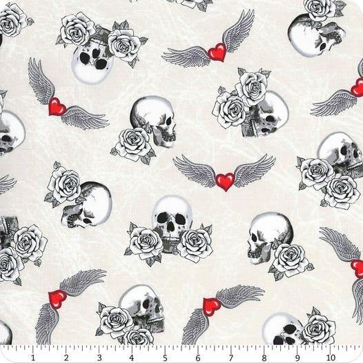 SALE Fabric - Skulls & Winged Hearts (White)