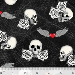 SALE Fabric - Skulls & Winged Hearts (Black)