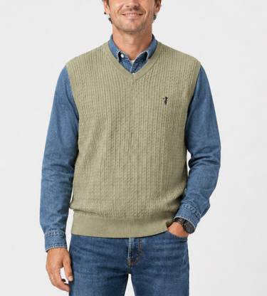 Fairway Outfitters olive green cable knit vest styled over a blue denim shirt