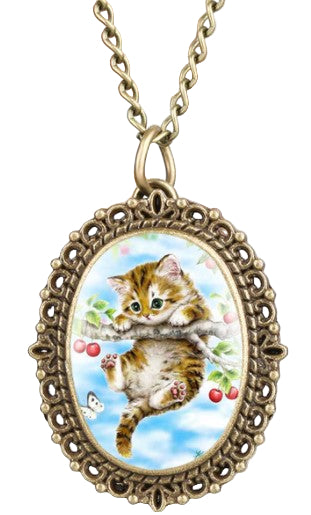 Necklace with a pendant featuring a cat illustration on a white background