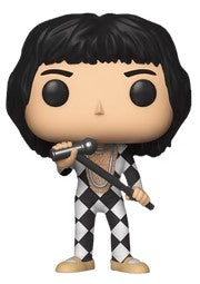 Funko Pop vinyl figure of Queen Freddie Mercury in a black and white harlequin outfit, holding a microphone.