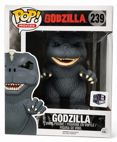 Funko Pop! Movies Godzilla vinyl figure number 239 in its original window box packaging, featuring a dark gray Godzilla figure with yellow claws and mouth details.