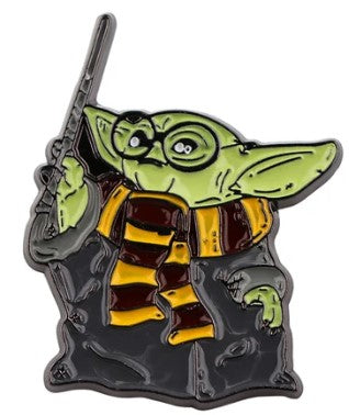 Pin featuring Grogu from Star Wars with green skin, in Harry Potter glasses, and a brown robe holding a staff on a white background