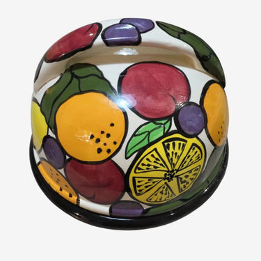 Hand painted fruit ceramic cheese dome and platter with colourful retro design