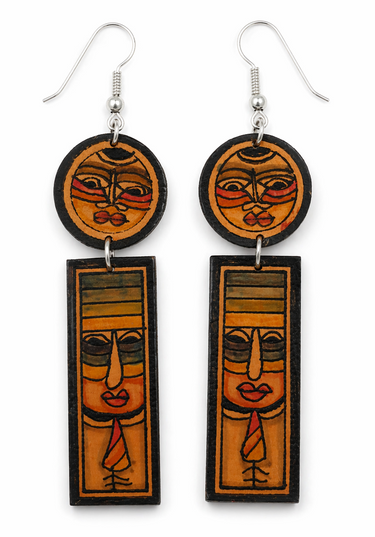 hand painted leather face earrings double drop design