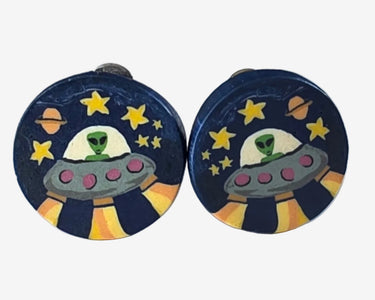 Handmade polymer clay alien UFO clip-on earrings with colourful retro space design