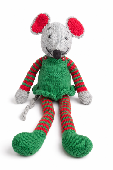 handmade knitted mouse doll with striped legs and green dress