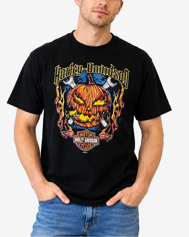 Harley-Davidson black pumpkin Halloween graphic T-shirt Large front view on blond male model