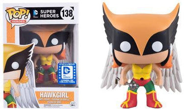 A Funko Pop Vinyl figure of Hawkgirl from DC's Super Heroes, model #138, with a sticker indicating it is an exclusive DC Comics Legion of Collectables item.