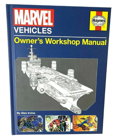 Cover of the Haynes Marvel Vehicles Owner's Workshop Manual, featuring illustrations of Marvel superhero vehicles and the Haynes logo.