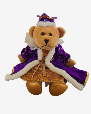 Historic Royal Palaces Queen Teddy Bear in purple and gold royal costume, front view