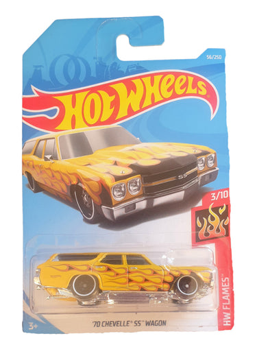 Hot Wheels ’70 Chevelle SS Wagon 2017 die-cast car, side view on light grey studio background.