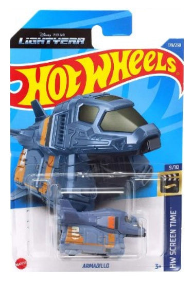 Packaged Hot Wheels toy car model of Buzz Lightyear Armadillo in diecast metal, predominantly blue with orange and gray accents, displayed in a blister pack.