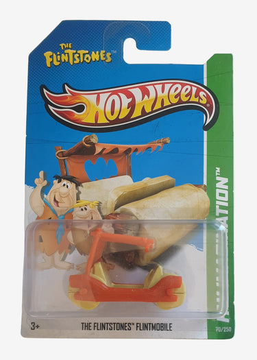 2013 Hot Wheels Flintstones Flintmobile diecast vehicle sealed on international blister card.