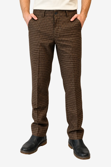 I Love Ugly brown checked men's pants size Large front view on model