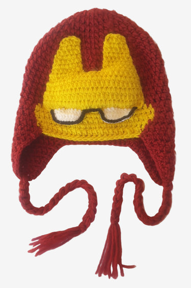 Handmade Iron Man-inspired crochet Laplander beanie with ear flaps and braided ties in red and yellow.