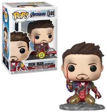 A Funko Pop vinyl figure of Iron Man from Marvel's Avengers Endgame movie, number 580, glow in the dark edition.