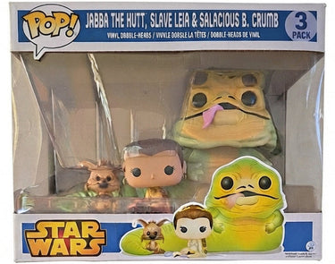 A boxed Star Wars Funko Pop vinyl figure set containing Jabba the Hutt, Slave Leia, and Salacious B. Crumb, shown in its original retail packaging against a white background.