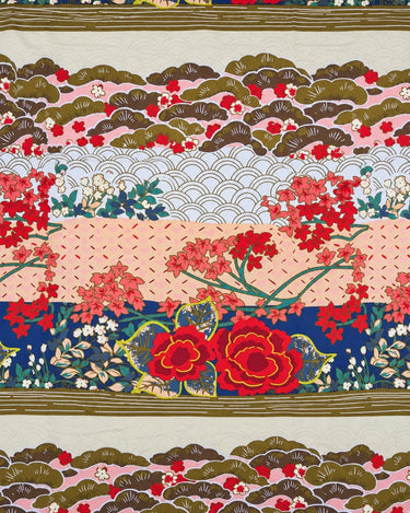 Smoothed overall view of Japanese garden cotton poplin with floral borders, pine motifs and waves